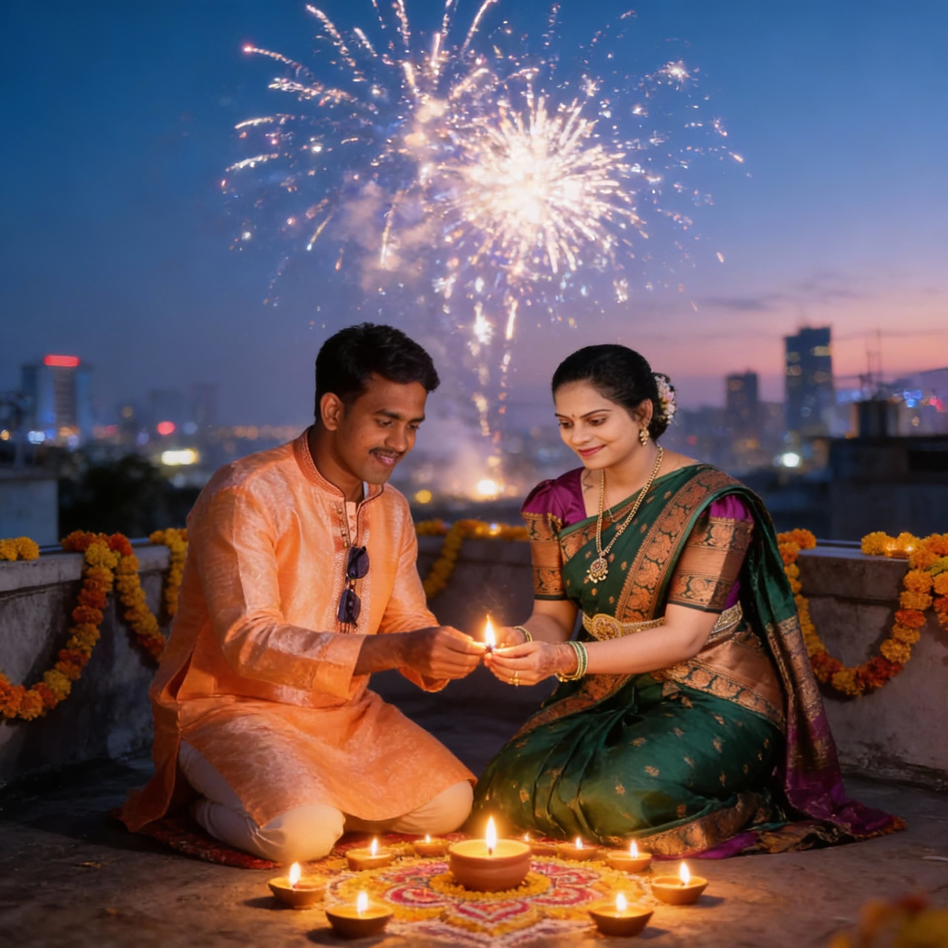 AI generated: A photorealistic 4K portrait of a young Indian couple celebrating Diwali on a rooftop at dusk, exact...