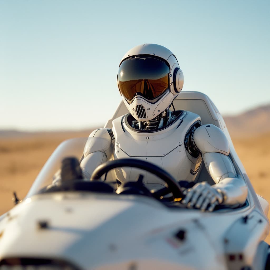 AI generated: film photography of a robot driving a spaceship,medium shot , in the desert,wearing a helmet and goo...