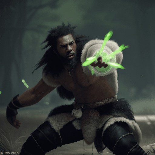 AI generated: Black man wearing wolf pelt fights off slavers in 1584 with green glowing magic, hyper-realism, high...