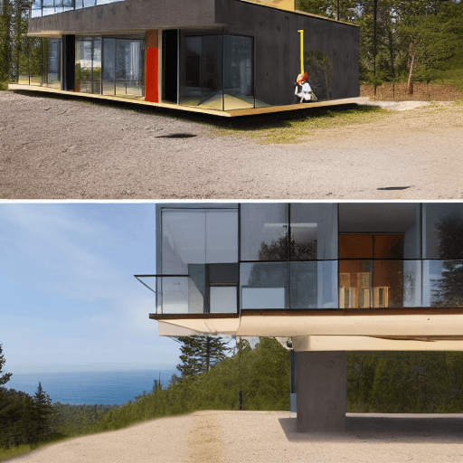 AI generated: A two-story hyper-realistic modular house with an "L" layout where the walls are made of windows and...