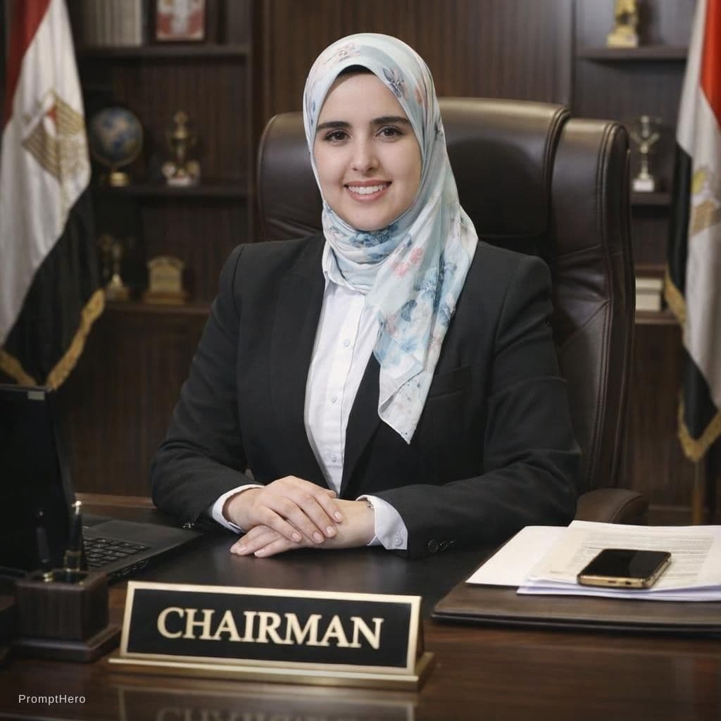 Hero prompt: خليها قاعدة على مكتب رئيس مجلس ادارة ولابسة فورمال