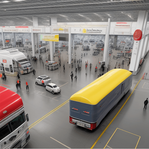 AI generated: imagen futurista sobre logistica donde hayan fabricas gente trabajando y camiones circulando