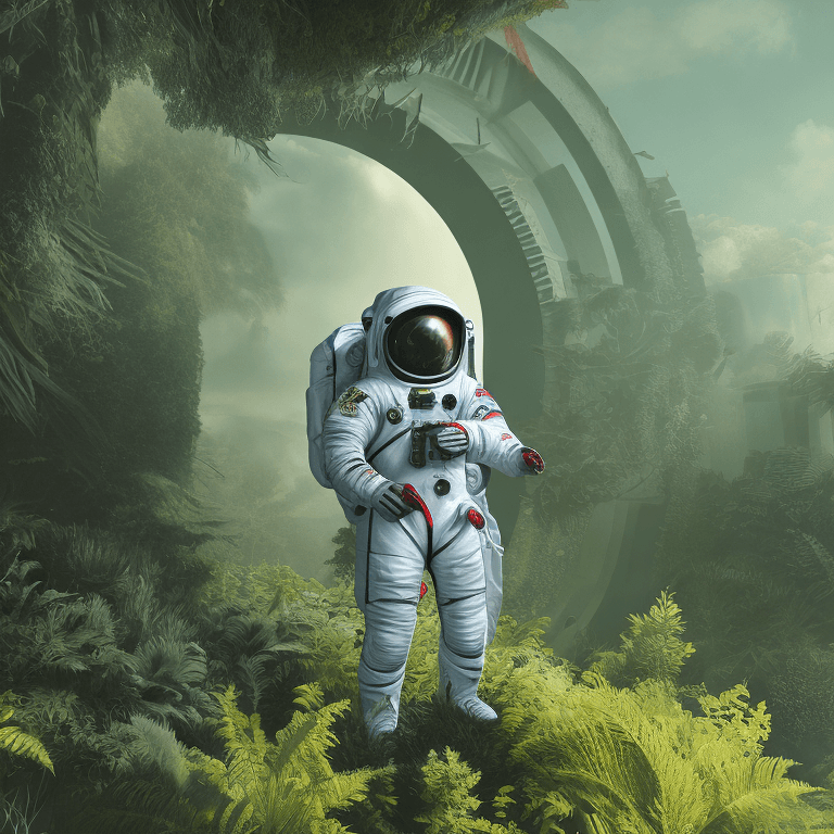 AI generated: illustration of astronaut on a verdant world, a masterpiece sci-fi atmospheric, highly detailed, sha...