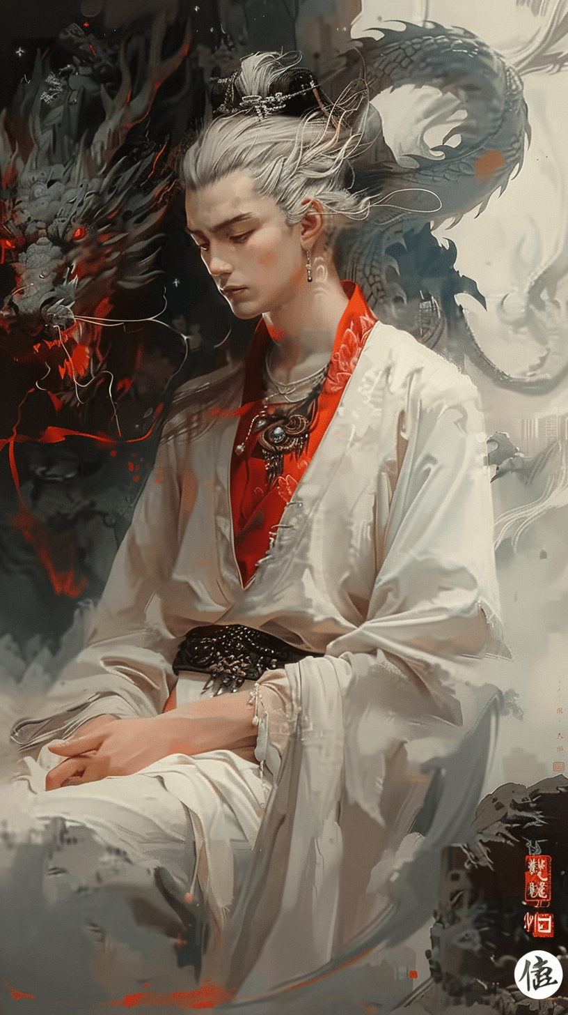 AI generated: https://s.mj.run/1MYU35ppsKA a Chinese boy with white hair living in a cave, a celestial being, wear...