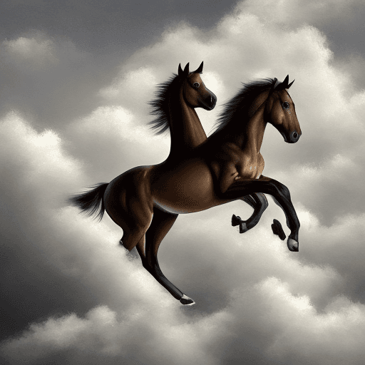 AI generated: horse with baby horse. clouds. heavens. running in clouds. baby horse is running after adult horse. ...