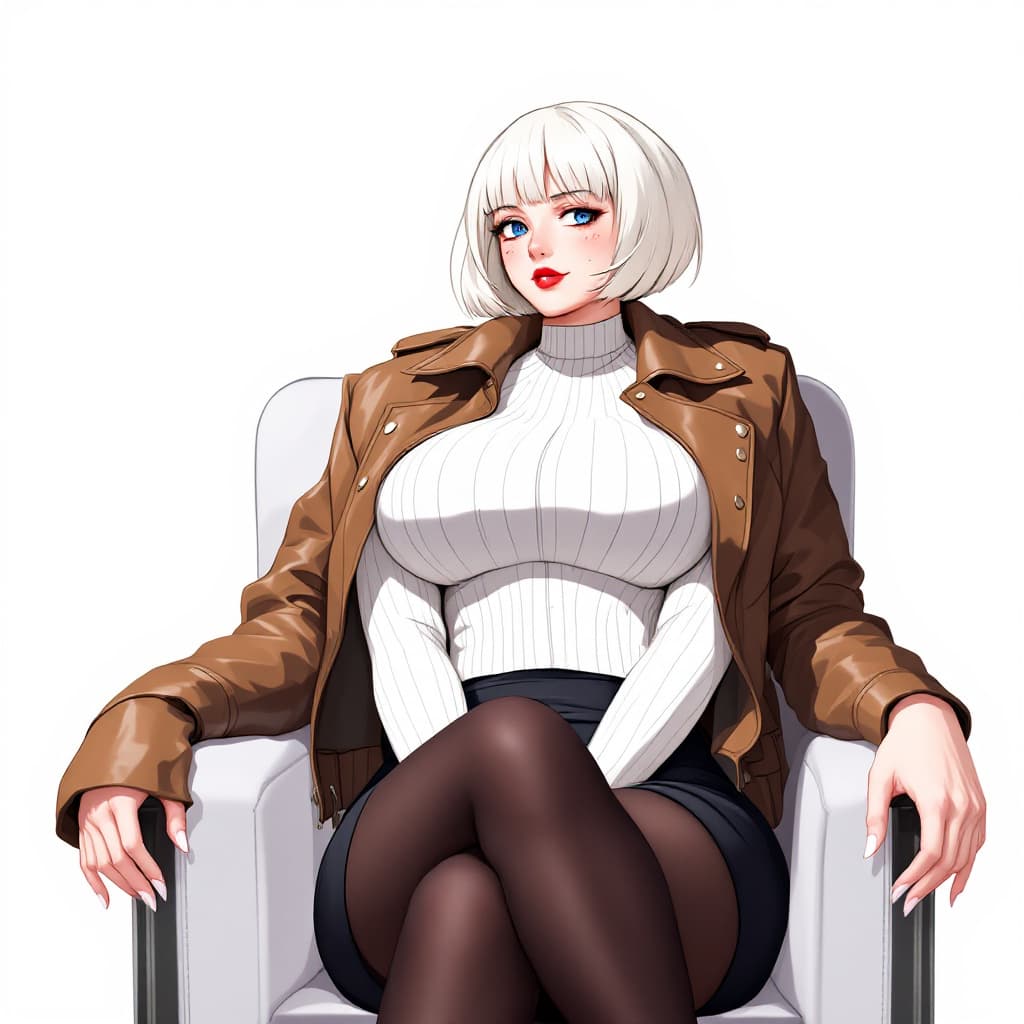 AI generated: anime, woman, white hair, bob cut, blue eyes, freckles, red lips, closed lips, white sweater, tight ...