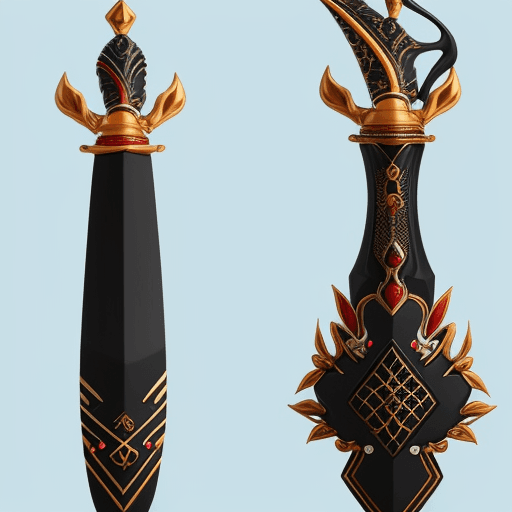 AI generated: Keris, bilah berkelok-kelok seperti ular, bentuk yang sangat indah, besi berwarna hitam