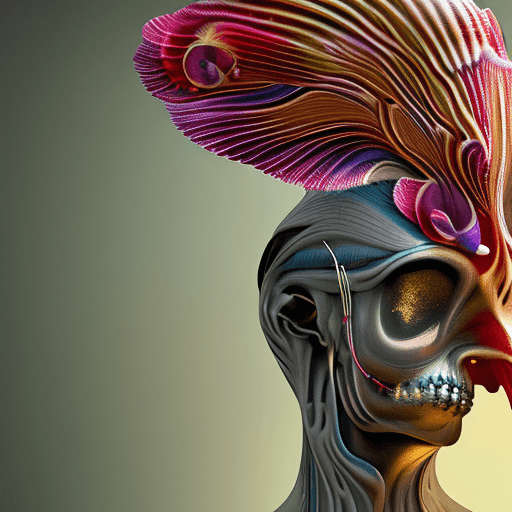 AI generated: Goddess close-up portrait ribcagel. jellyfish phoenix head, nautilus, orchid, skull, betta fish, bio...