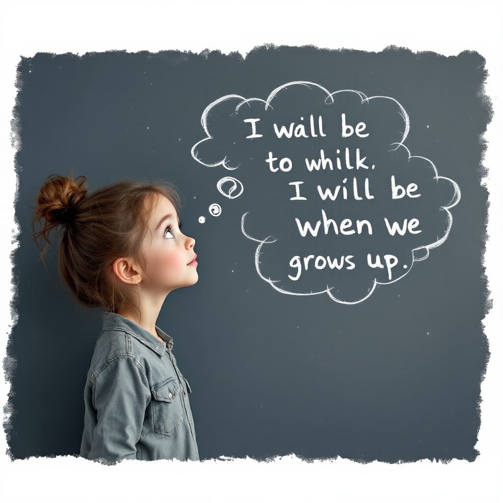 AI generated: photo of a girl thinking about what she will be when she grows up and a text written her thoughts

