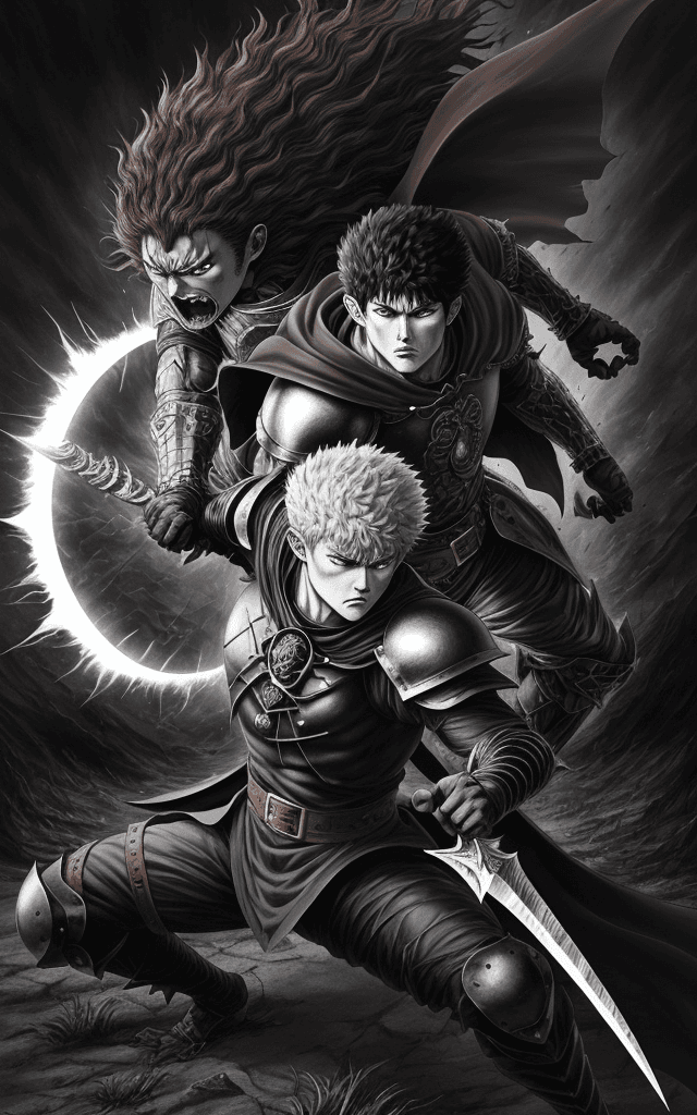 AI generated: monochrome, a man with big eyes, brown hair with tuft, in golden armor, manga, ((without helmet)), b...
