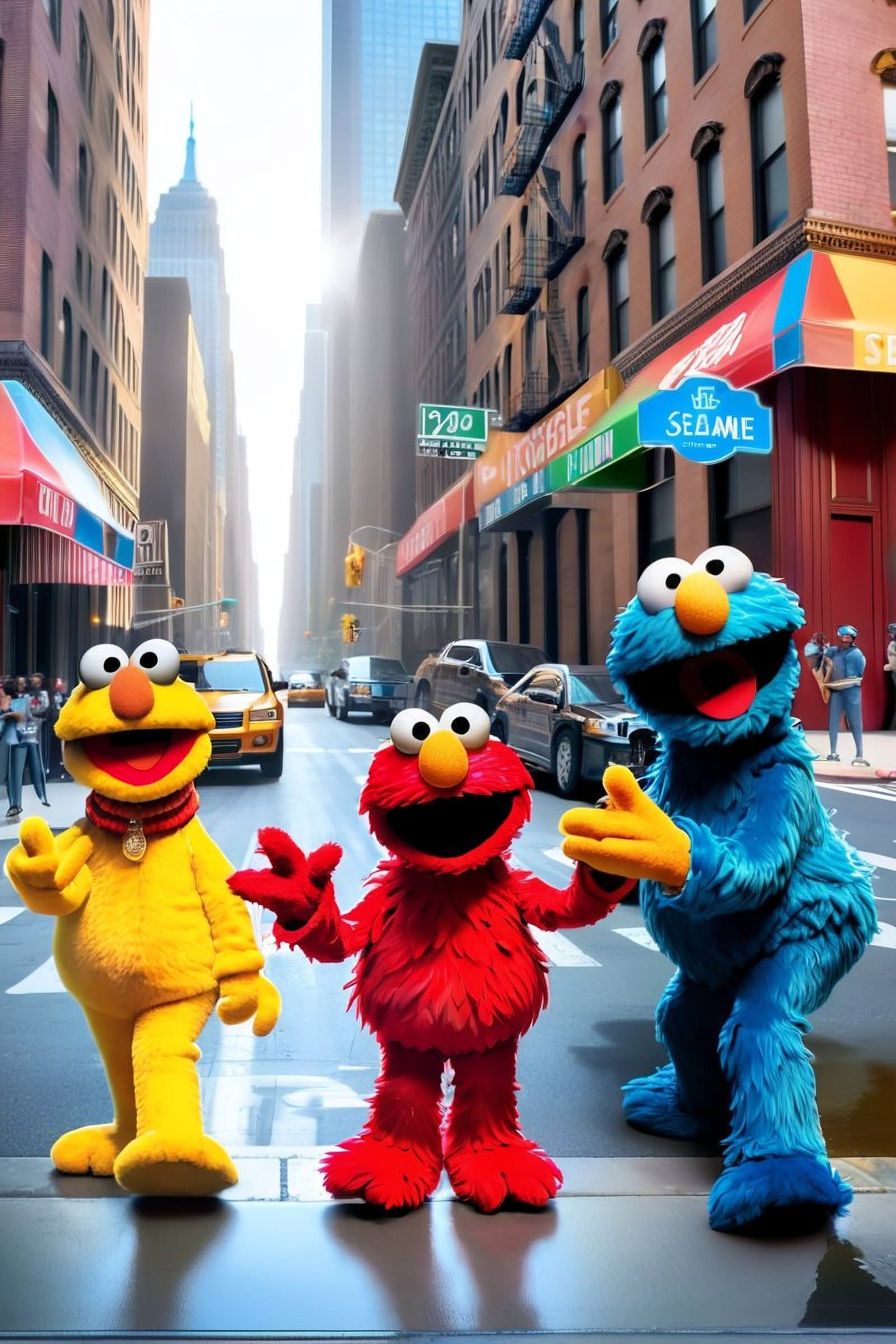 AI generated: (Elmo and the sesame street gang:1.3) on the streets of NYC, rap album art cover, masterpiece, best ...