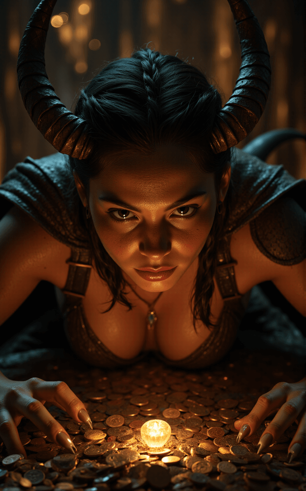 AI generated: A candid macro portrait faces the camera as a dragonborn girl leans over a dragon’s hoard, torchligh...