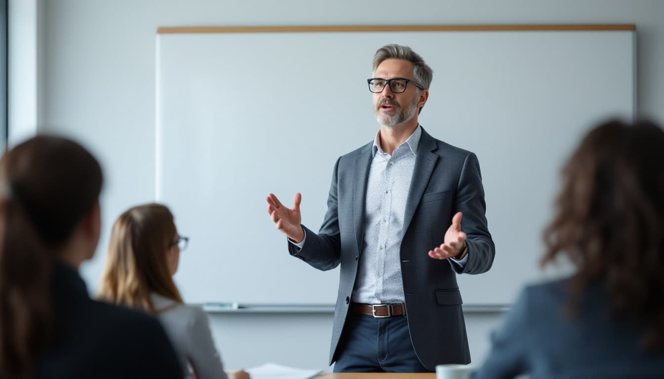 AI generated: Realistic professor in front of a whiteboard, mid-lecture, hand gestures explaining something, weari...