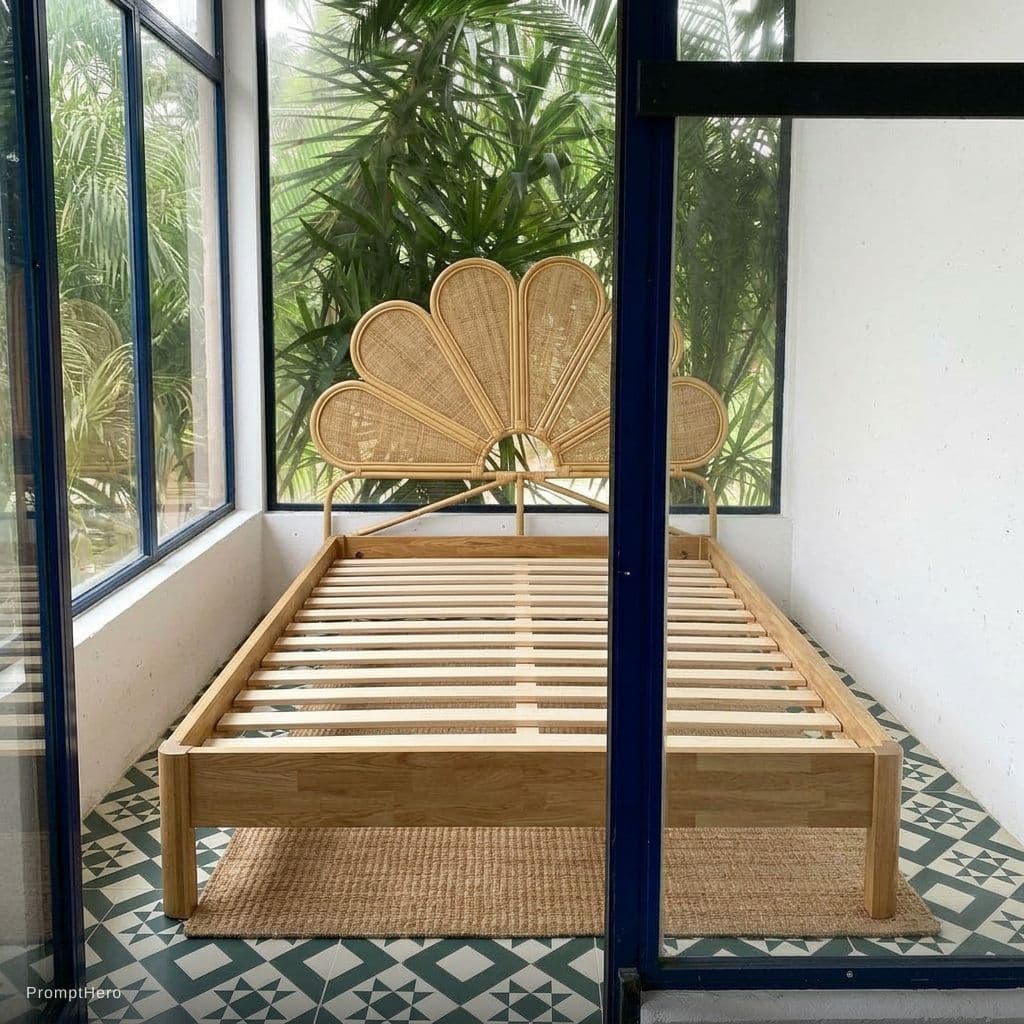 AI generated: add this bed to the room with the headboard touching the window. The bed is facing the viewer. the f...