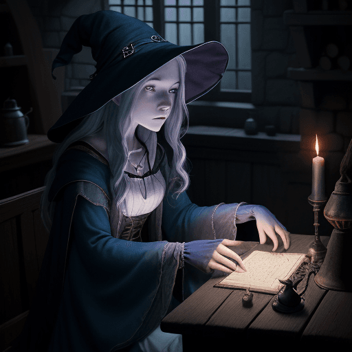 AI generated: A beautiful young witch with a <great wizard's blue hat> was sitting and stirring or mixing a potion...
