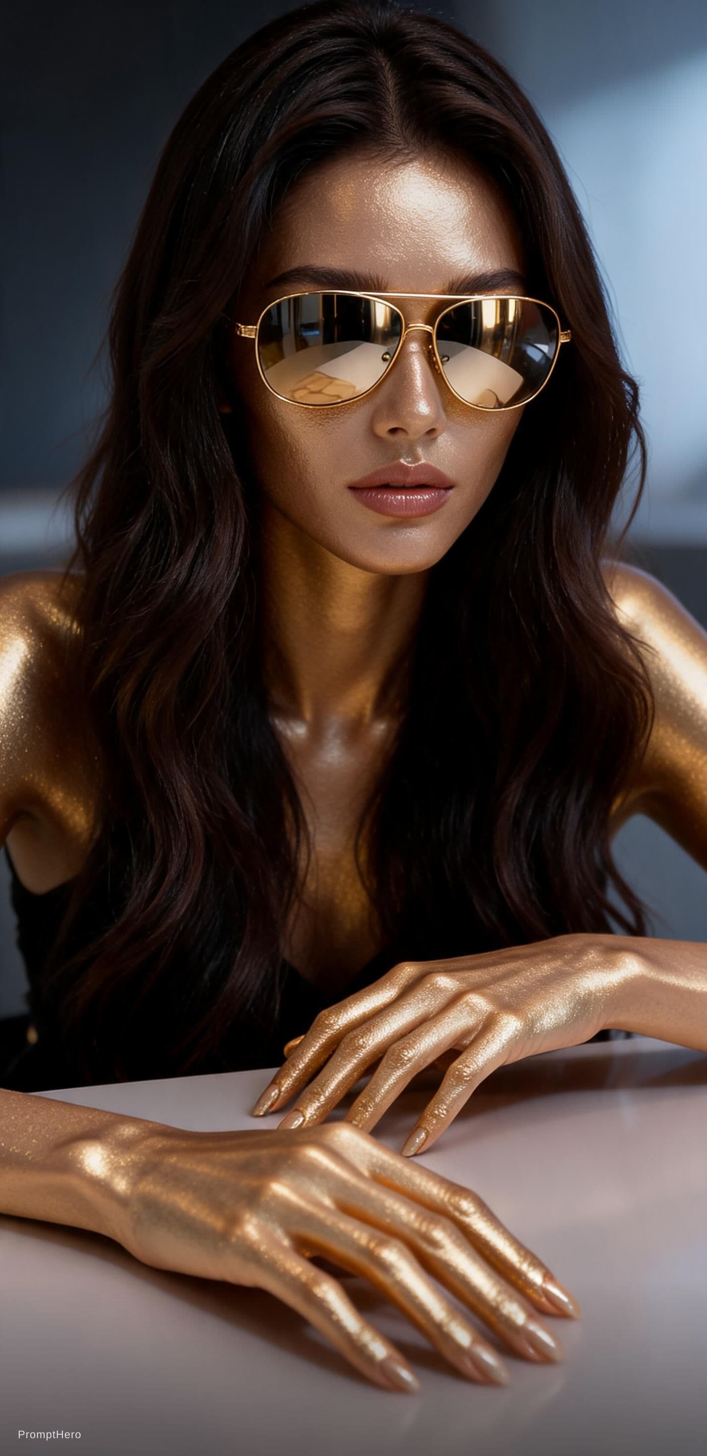 AI generated: A cinematic fashion-art portrait of a futuristic woman sitting at a table.She has long,beautiful dar...