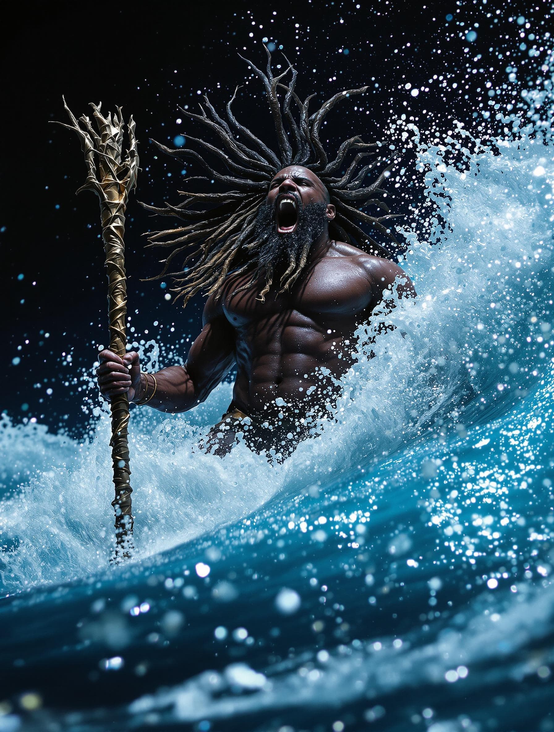 AI generated: afrofuturism, A powerful ancient African sea god, muscular physique, long wet dreadlocks hair, long ...