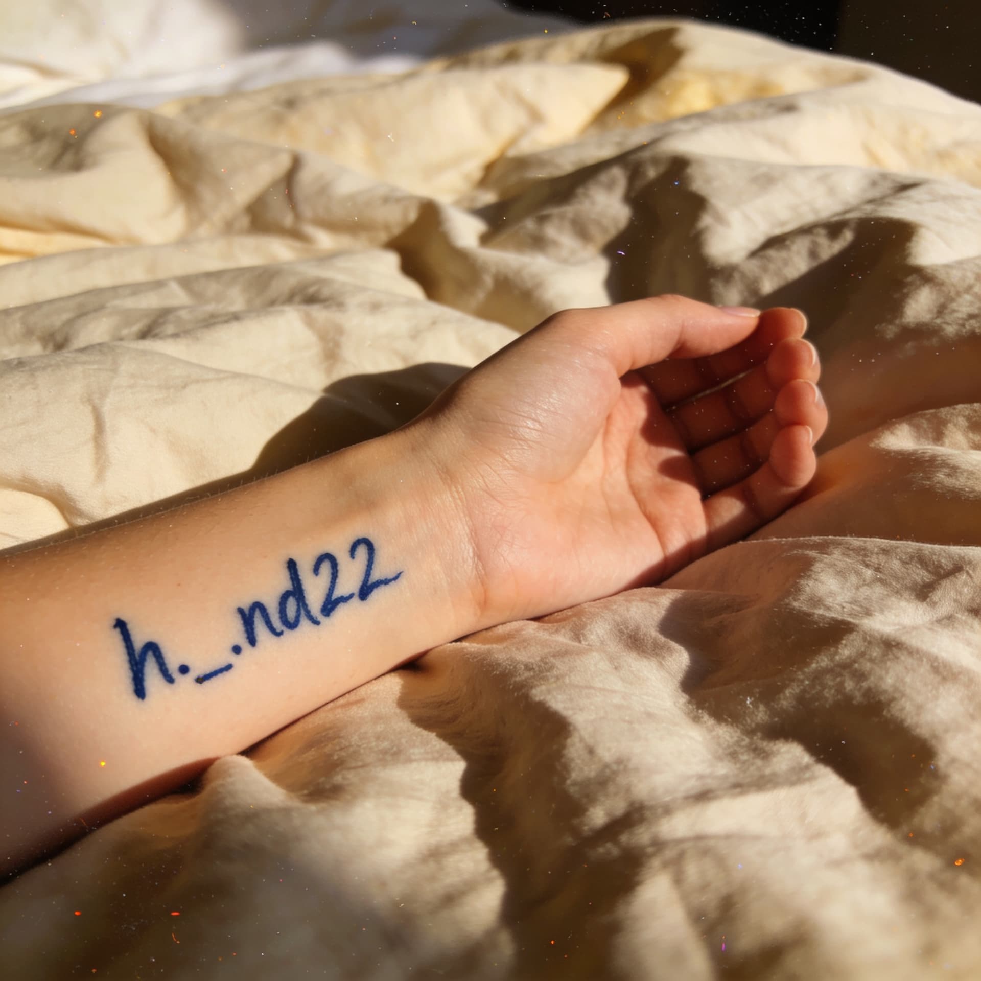 AI generated: Intimate close-up: The hand of a 26-year-old woman with fair skin, partially visible, rests on wrink...