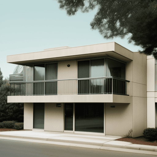 AI generated: Hyper realistic eye level exterior photo of a mid century modern style corruption money 
