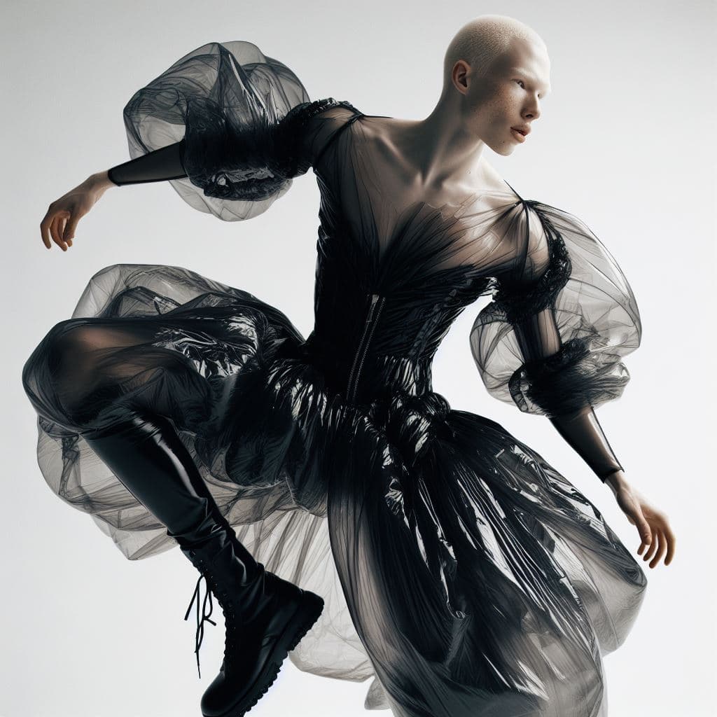 AI generated: Breaking fashion barriers with boldness and inclusivity. This albino male model dazzles in a unique ...