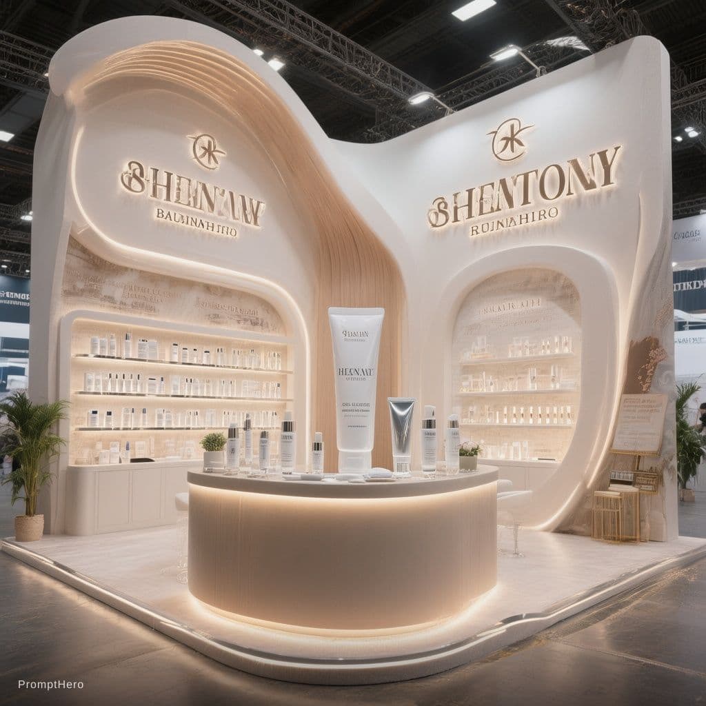 AI generated: Modern 3D booth design for skincare brand, minimal white and beige color palette, soft matte texture...