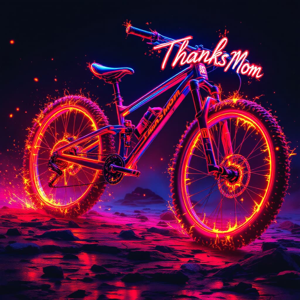 AI generated: A furious anime style red-blazing mountain bike, dominating the surroundings with it's ethereal velv...