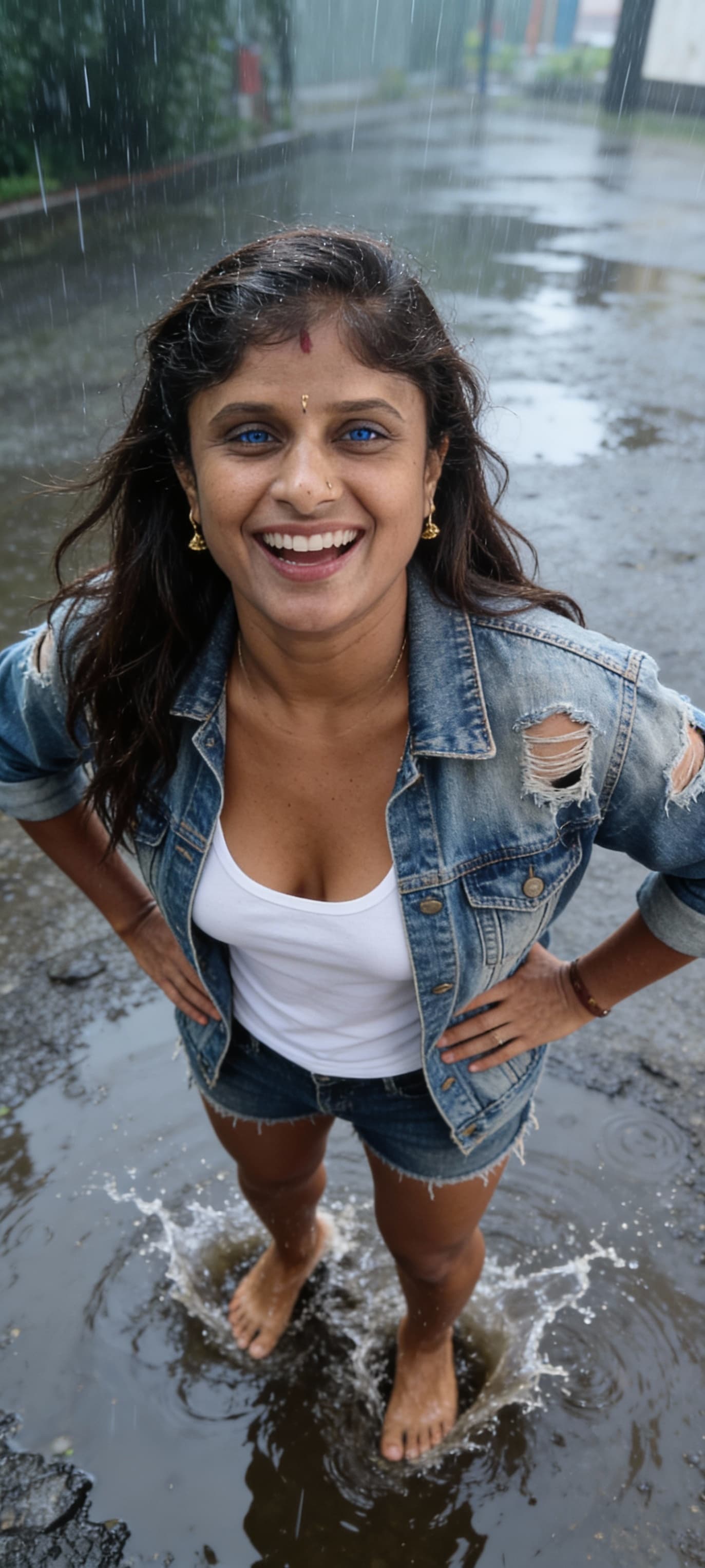 AI generated: A fit 40-year-old woman with long brunette hair and bright blue eyes is laughing and smiling while w...