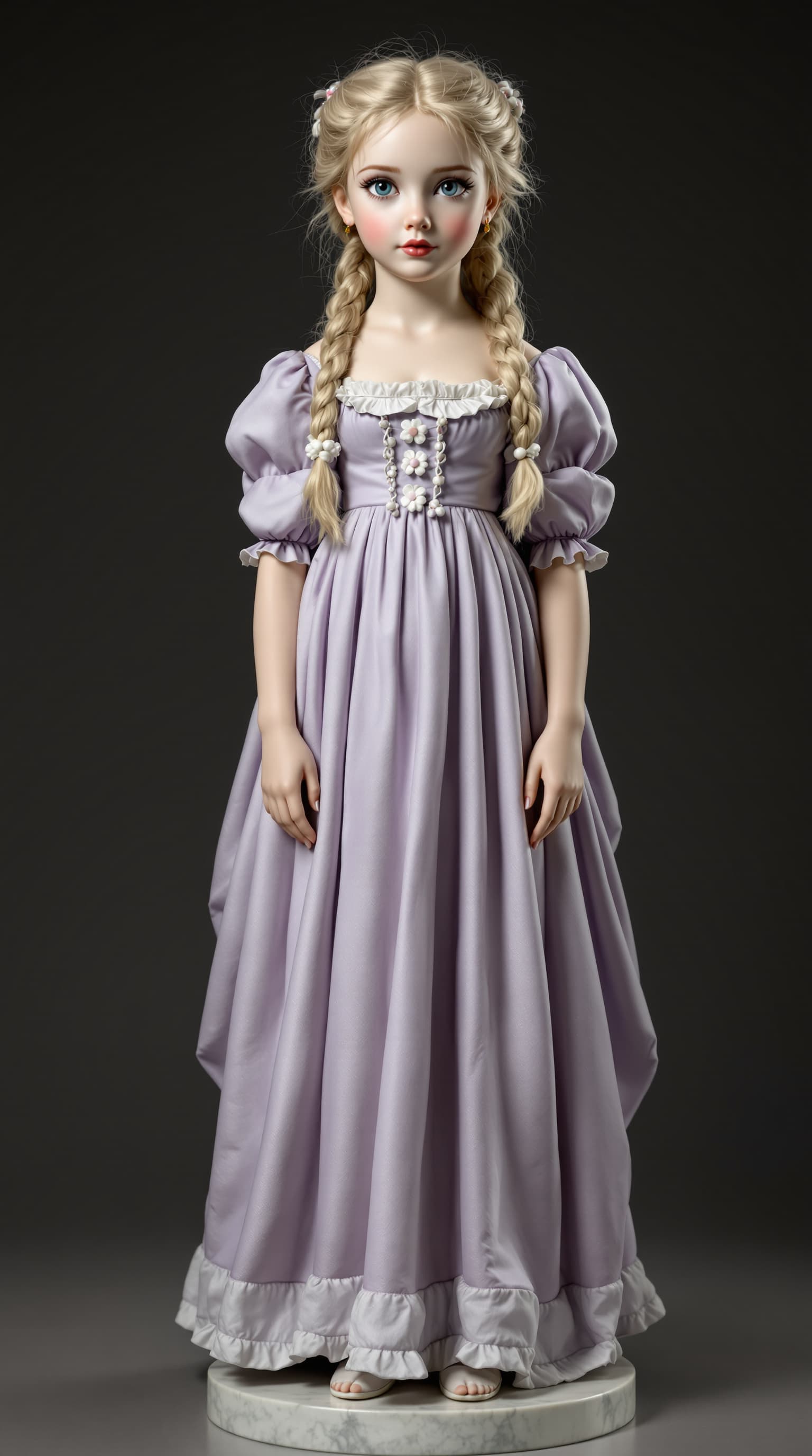 AI generated: A professional photograph captures the exquisite antique porcelain figurine of a ten-year-old girl, ...