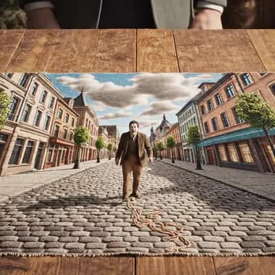 AI generated video: A 12-second hyperrealistic cinematic final scene. The same man finishes sewing the last stitch in th...