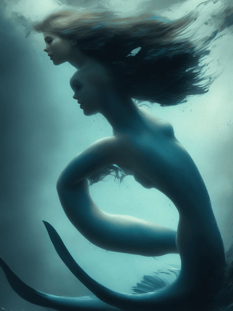 AI generated: Body oil painting of a beautiful (mermaid: 1. 3), beautiful face, big fin, very detailed, floating i...