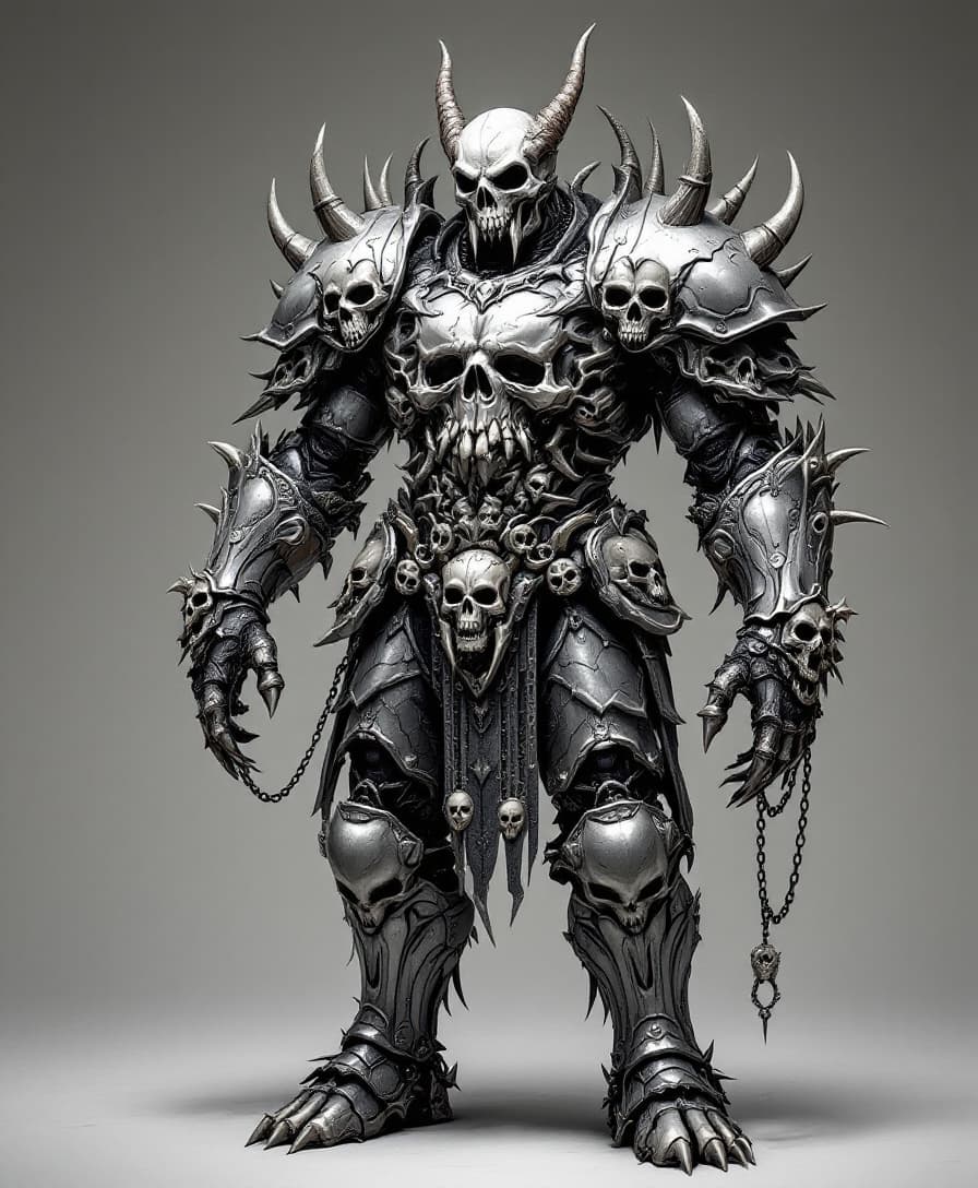 AI generated: The demonic figure is clad in armor that seamlessly integrates skull motifs into its design, adding ...