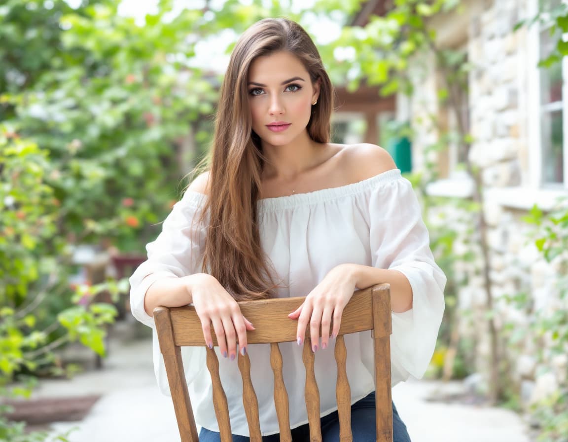 AI generated: A woman sitting on a backwards wooden chair outdoors with greenery and a stone building in the backg...