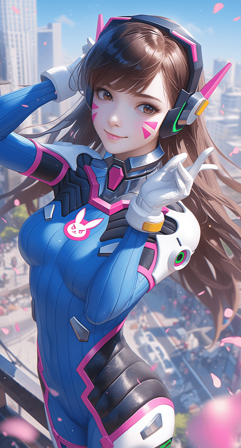 AI generated: Create an action shot of Dva from the Overwatch game, wearing a blue and white spandex bodysuit. She...