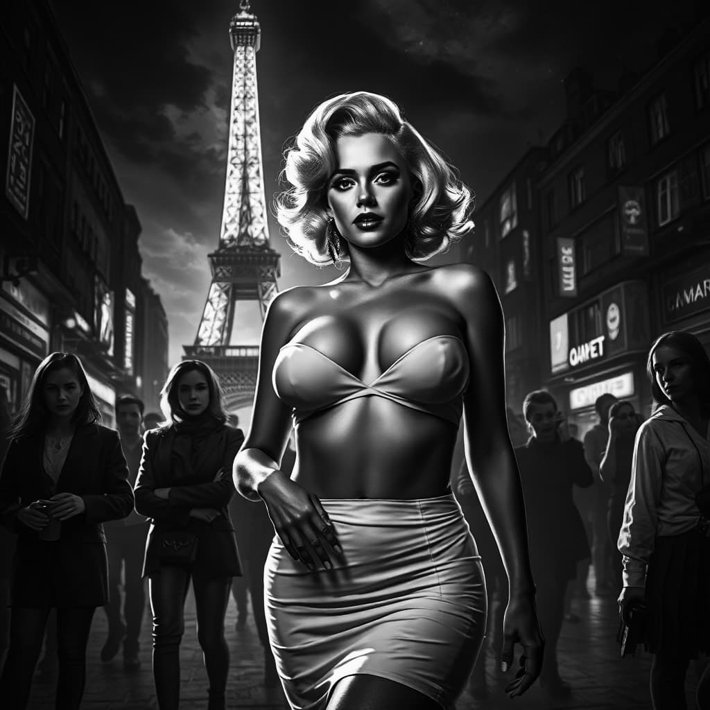 AI generated: Photography of Marilyn Monroe, almond-shaped eyes,  standing confidently in the center of a dimly ci...