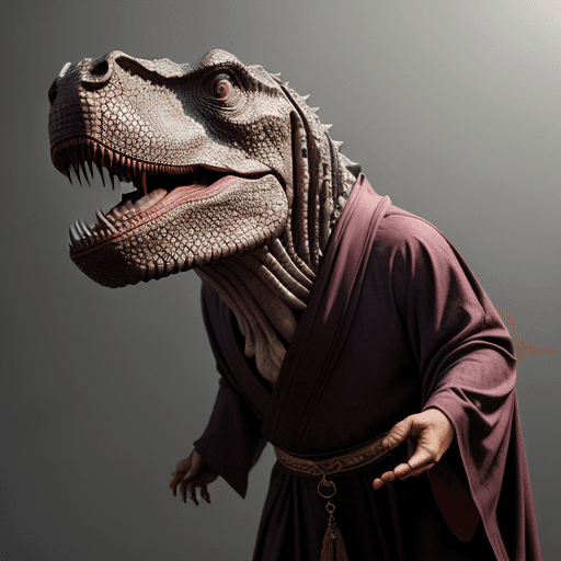 AI generated: a realistic tyrannosaurus rex, dressed in a middle-eastern spiritual master's robe, with a rosary in...