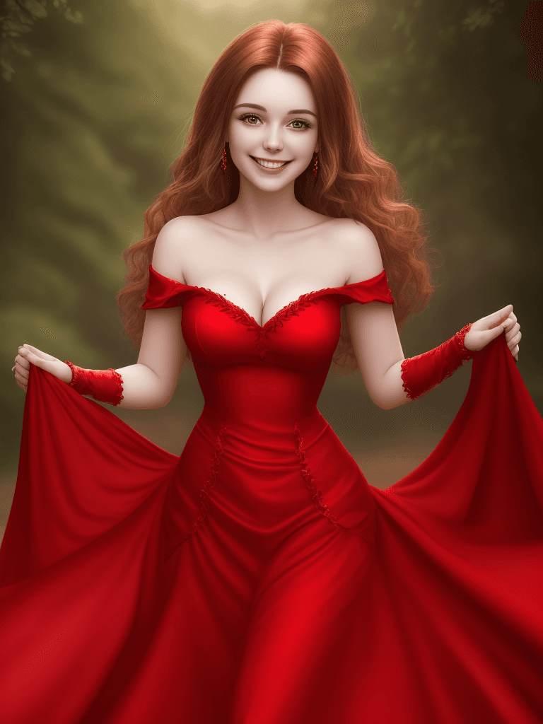 AI generated: A beautiful 25 years old girl smile in an extreme fantasy world. Red dresses. UHD, RAW quality Photo