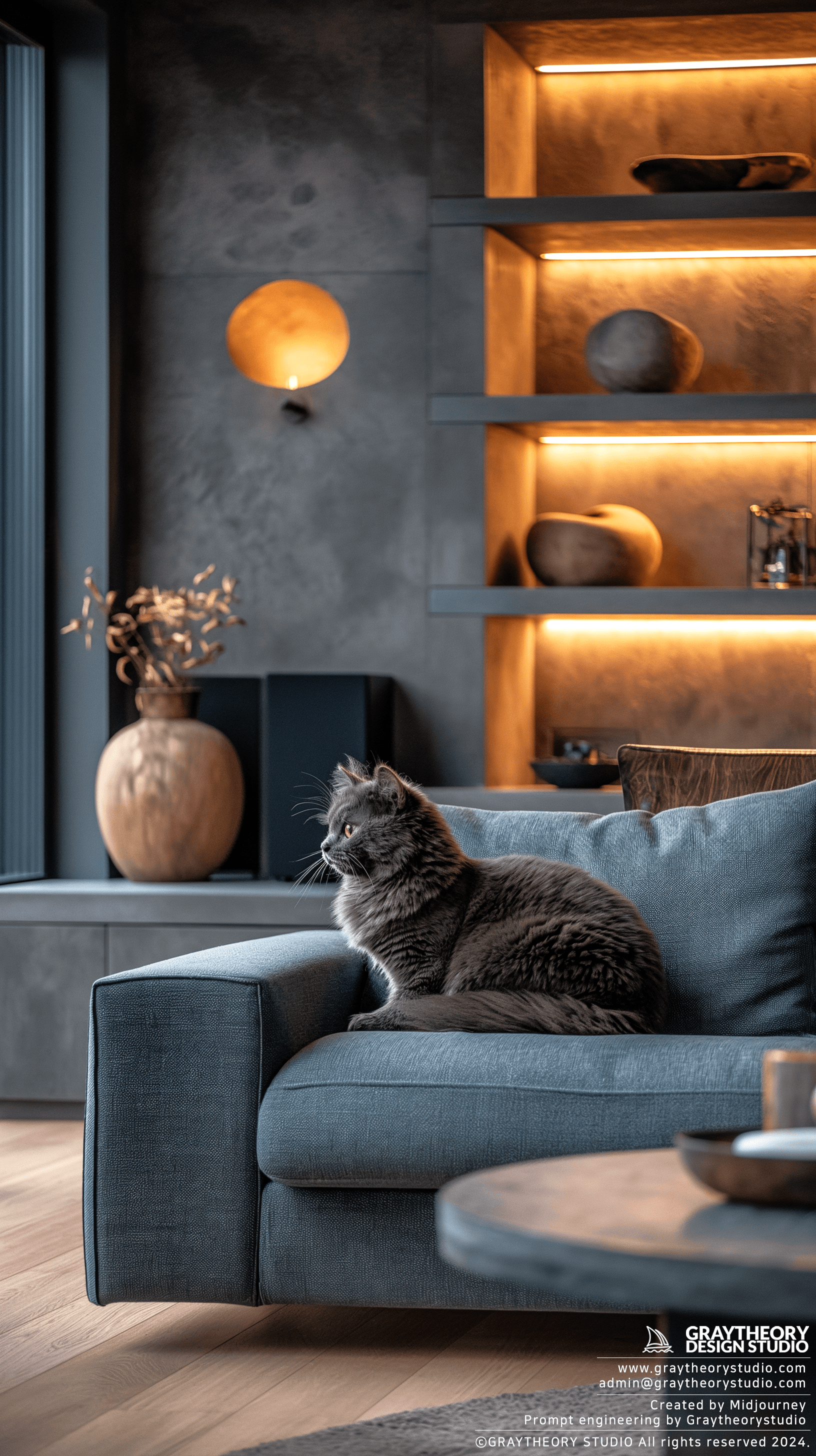 AI generated: Photograph a contemporary living room, soft light of dusk, integration wood flooring, soothing grey ...