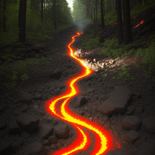 AI generated: a flow of lava pouring downhill through a forrest burning everything in its path water pouring down ...