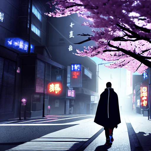 AI generated: anime key visual of man in grey cloak with dagger walking in Cyberpunk Tokyo City, from the anime Ch...
