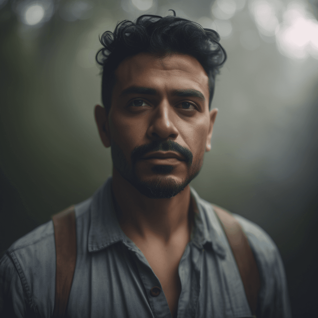 AI generated: An intense 4K portrait of a Hispanic/Latino artist in summer, gazing directly into the camera, with ...