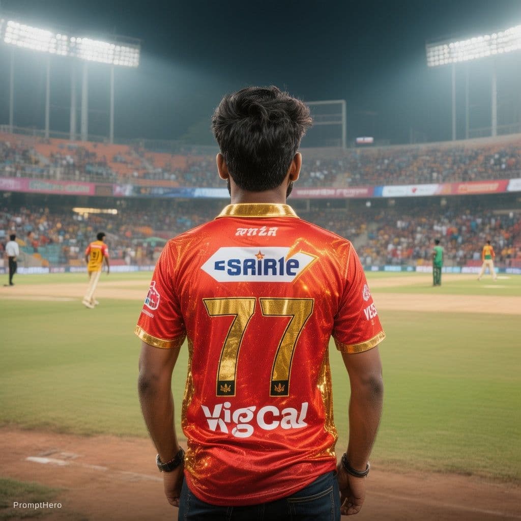 AI generated: Generate a photo chintu in the stadium watching cricket ipl with rcb jersey tishirt backside of jers...