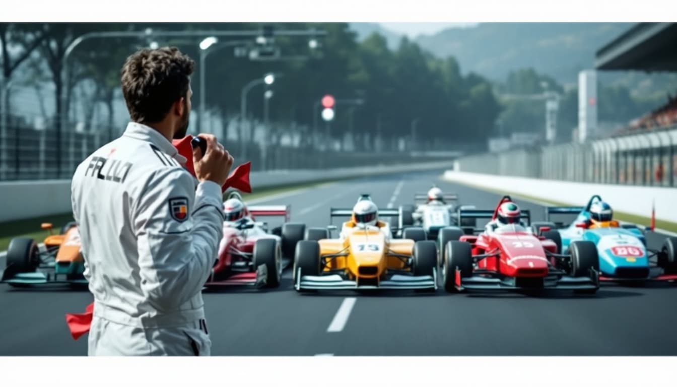 AI generated: At the starting line there are 5 racing cars - cars with different club logos. On the side of the ca...