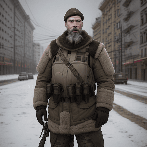 AI generated: A middle-aged Caucasian man with short brown hair and a beard, wearing ukrainian military fatigues a...