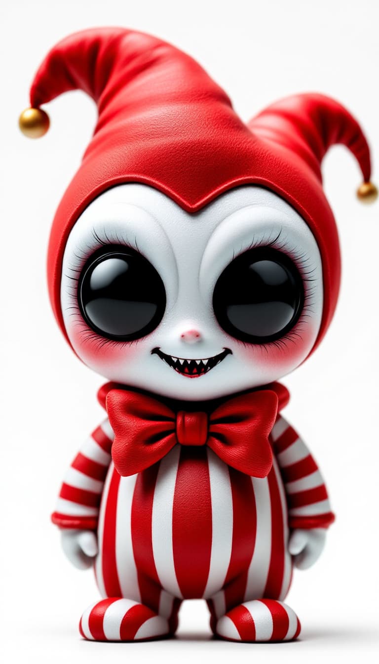 AI generated: A creepy cute toy mascot character with a big head and tiny striped body in red and white. It has hu...