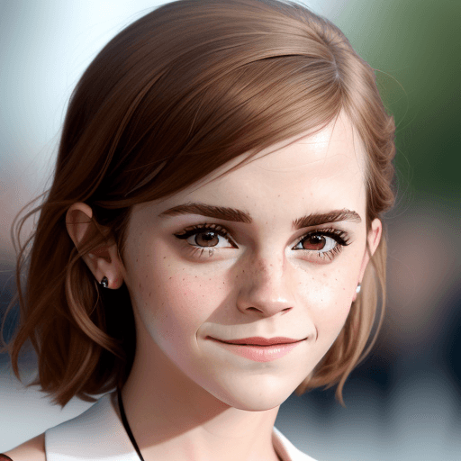 AI generated: Emma Watson, Extreme close-up face, red face, embarassed, smile, looking away, dont look at camera.