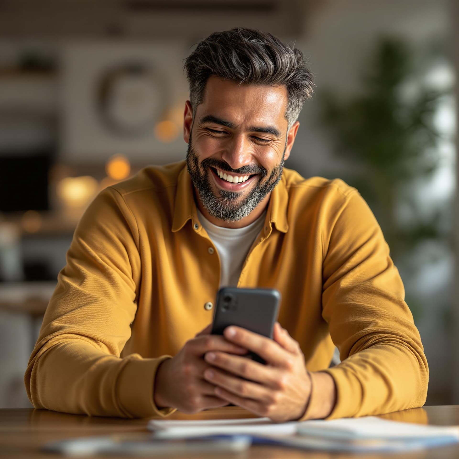 AI generated: A healthy-looking Latin man in his early 40s holding a mobile phone looking directly at phone, sitti...