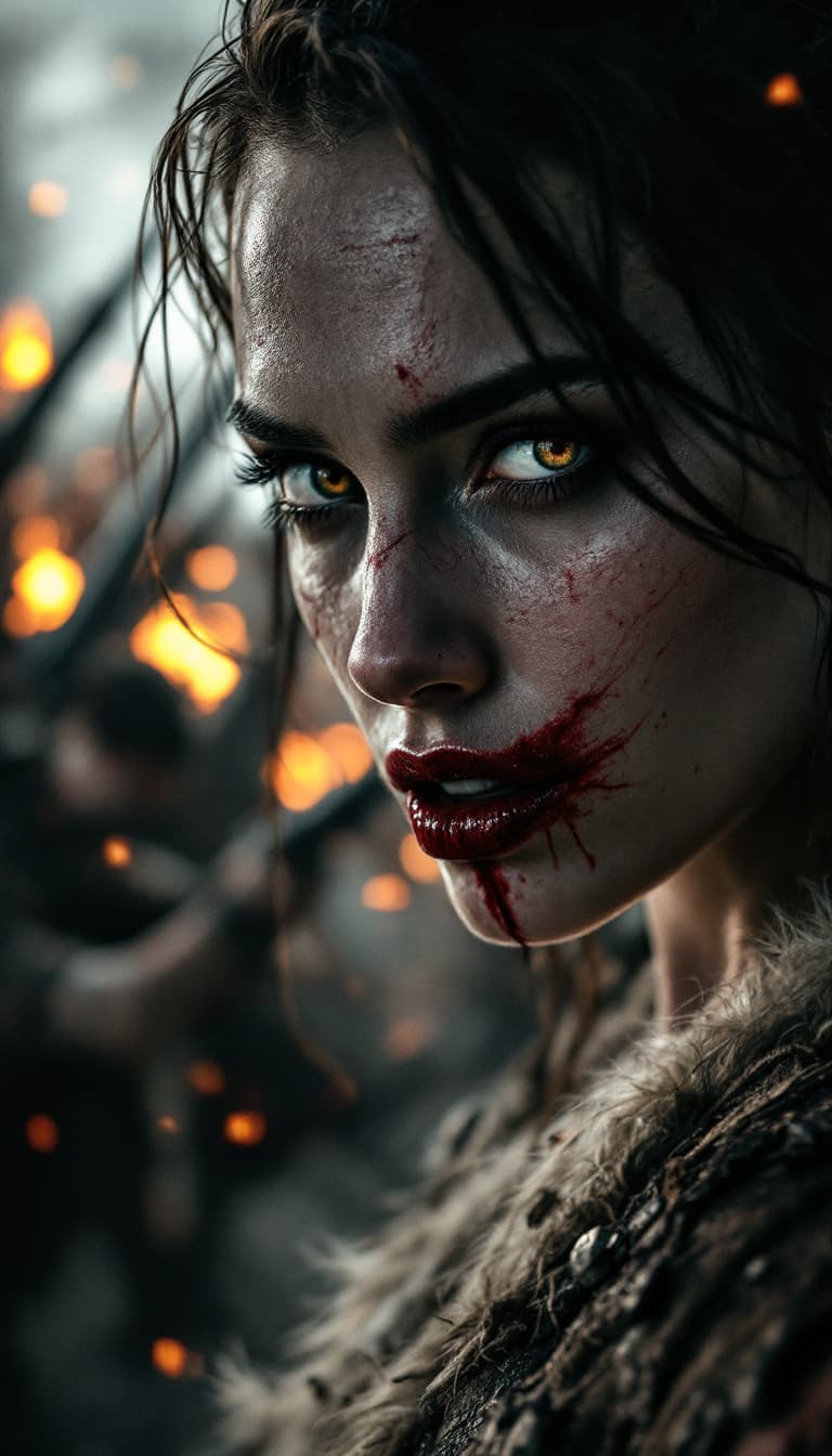 AI generated: high-resolution photograph, woman, ugly scar in the lips, exposed body,  stunning use of shadows, in...