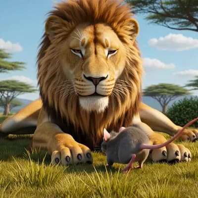 AI generated video: Make a 15 second long story of lion and rat 
