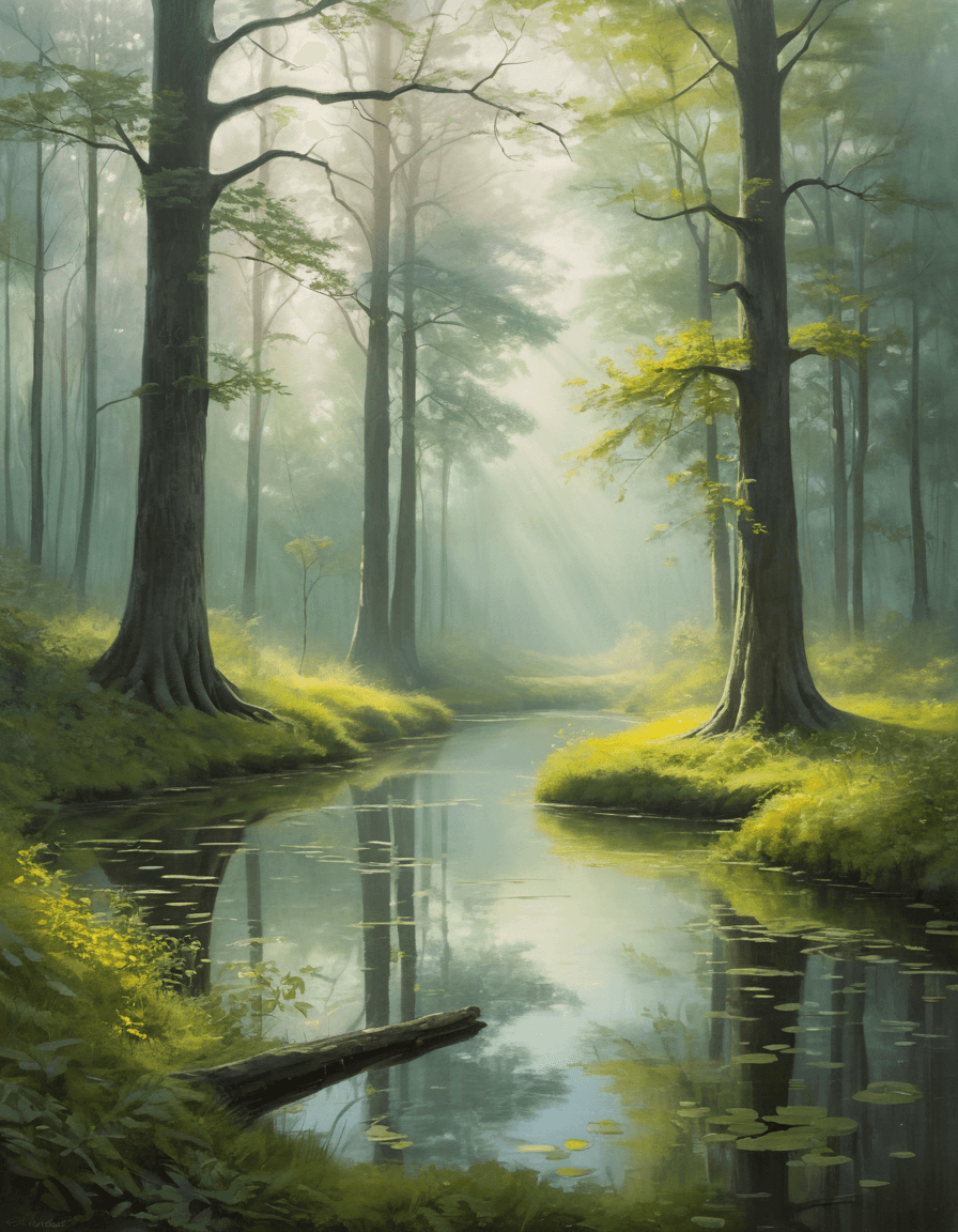 AI generated: A dreamy painting of a serene forest clearing during the early morning mist. The painting is a fasci...