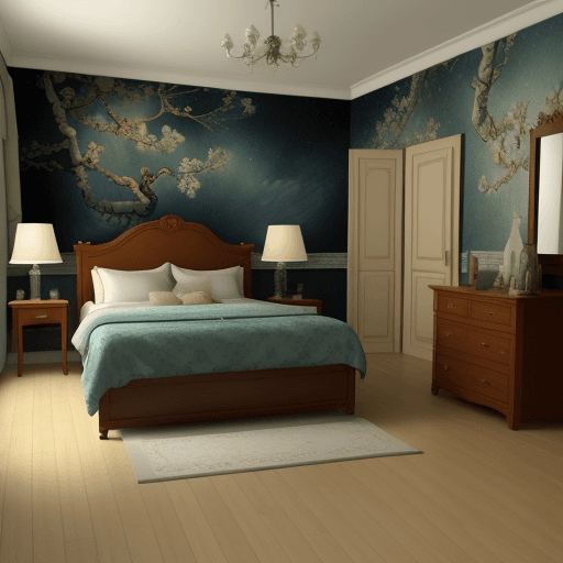 AI generated: bed room design by Vincent Van Gogh, 4d, super detail, realistic